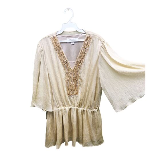 American Glamour Badgley Mischka Gold Flutter Boho Sleeve Blouse Size L - Picture 2 of 7